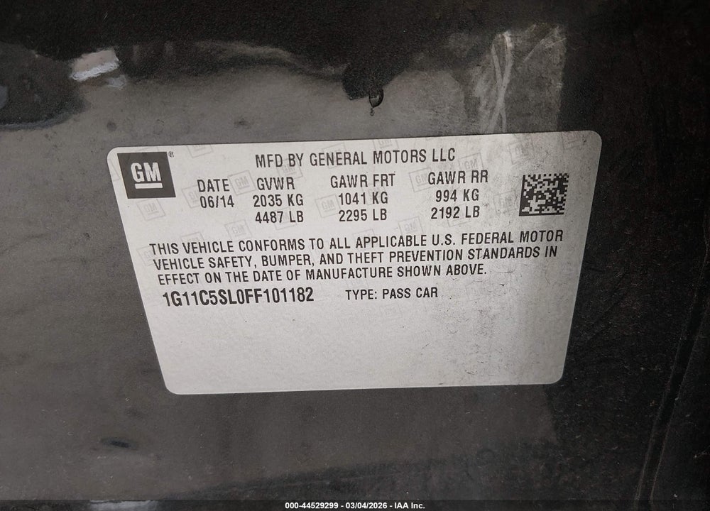2015 CHEVROLET MALIBU 1LT VIN: 1G11C5SL0FF101182