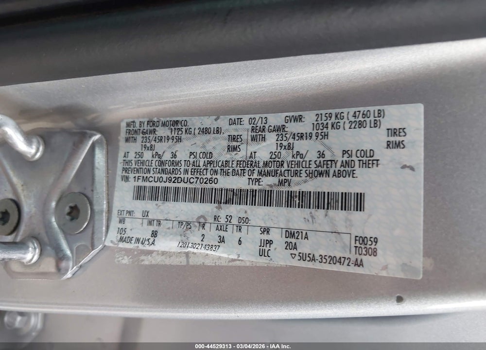 2013 FORD ESCAPE TITANIUM VIN: 1FMCU0J92DUC70260