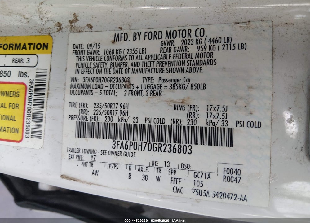 2016 FORD FUSION SE VIN: 3FA6P0H70GR236803