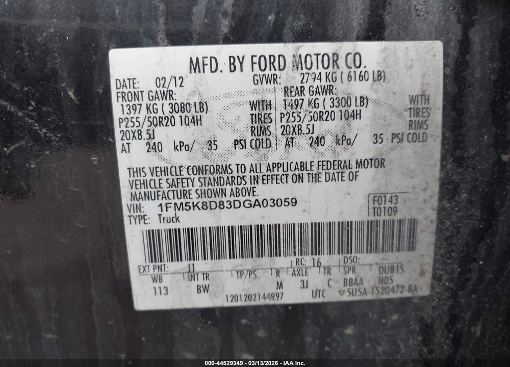 2013 FORD EXPLORER XLT VIN: 1FM5K8D83DGA03059