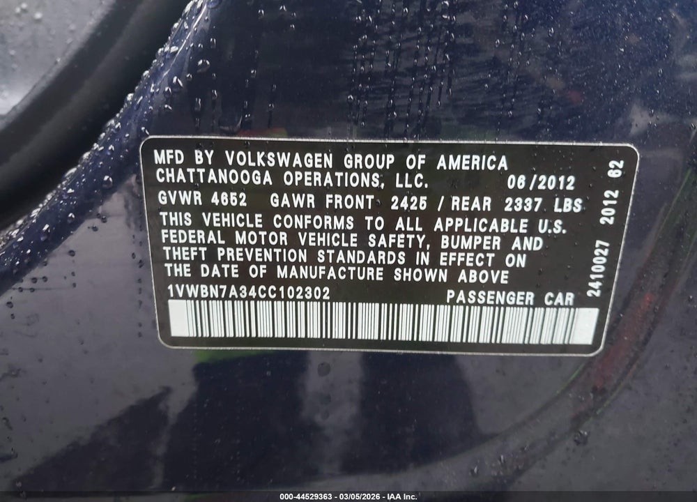 2012 VOLKSWAGEN PASSAT 2.0L TDI SE VIN: 1VWBN7A34CC102302
