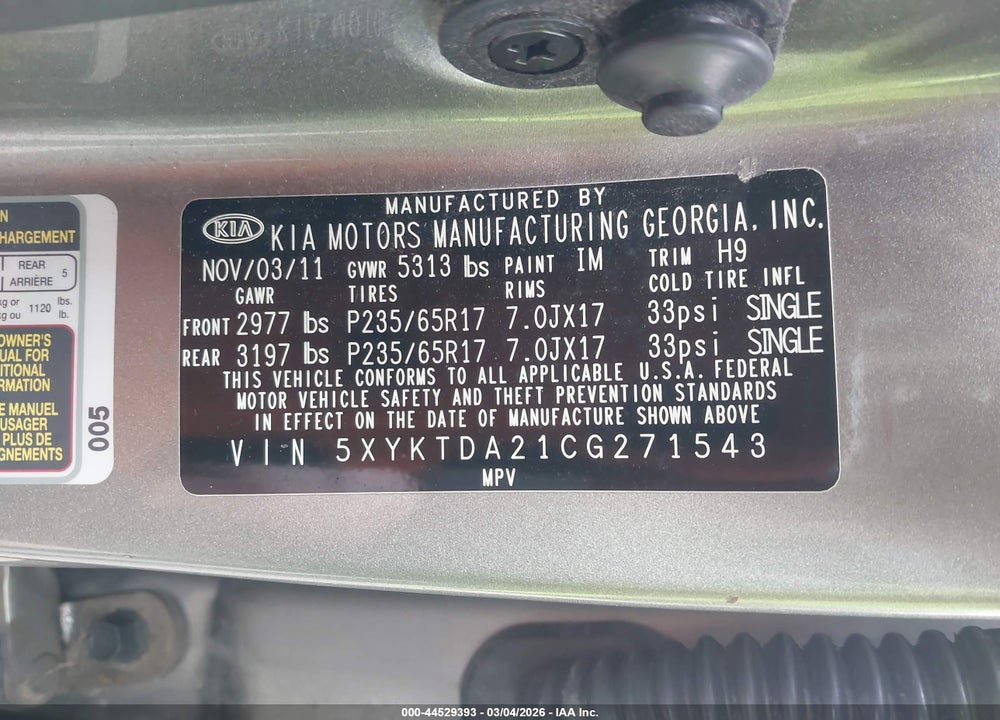 2012 KIA SORENTO LX V6 VIN: 5XYKTDA21CG271543