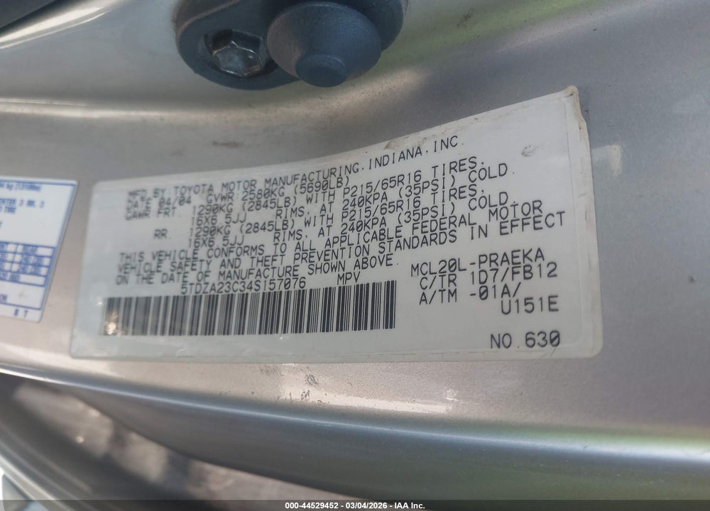 2004 TOYOTA SIENNA LE VIN: 5TDZA23C34S157076