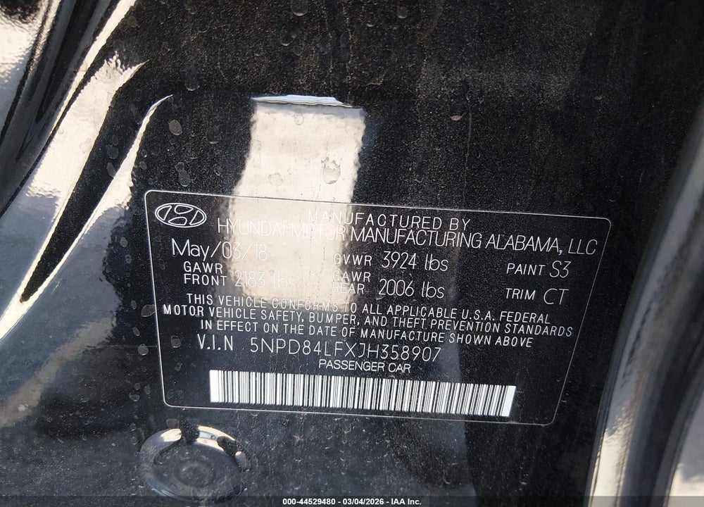 2018 HYUNDAI ELANTRA SEL VIN: 5NPD84LFXJH358907
