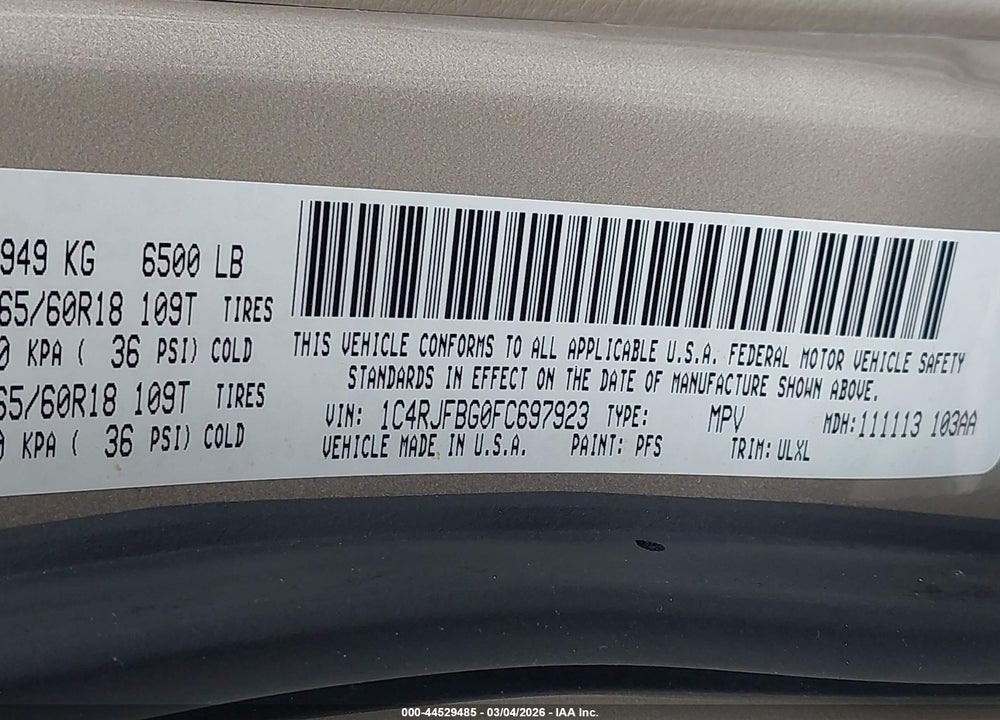 2015 JEEP GRAND CHEROKEE LIMITED VIN: 1C4RJFBG0FC697923