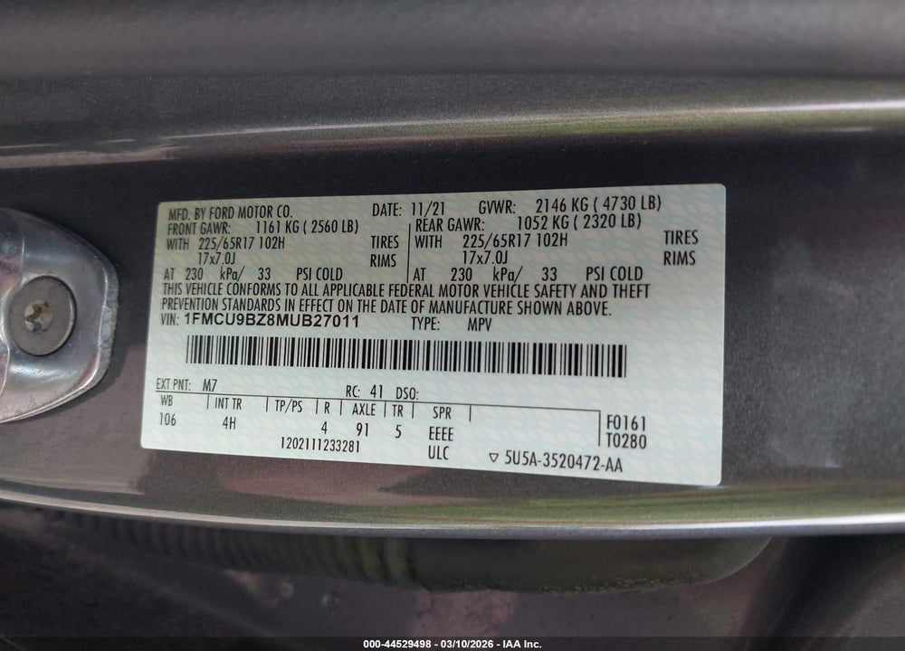 2021 FORD ESCAPE SE HYBRID VIN: 1FMCU9BZ8MUB27011
