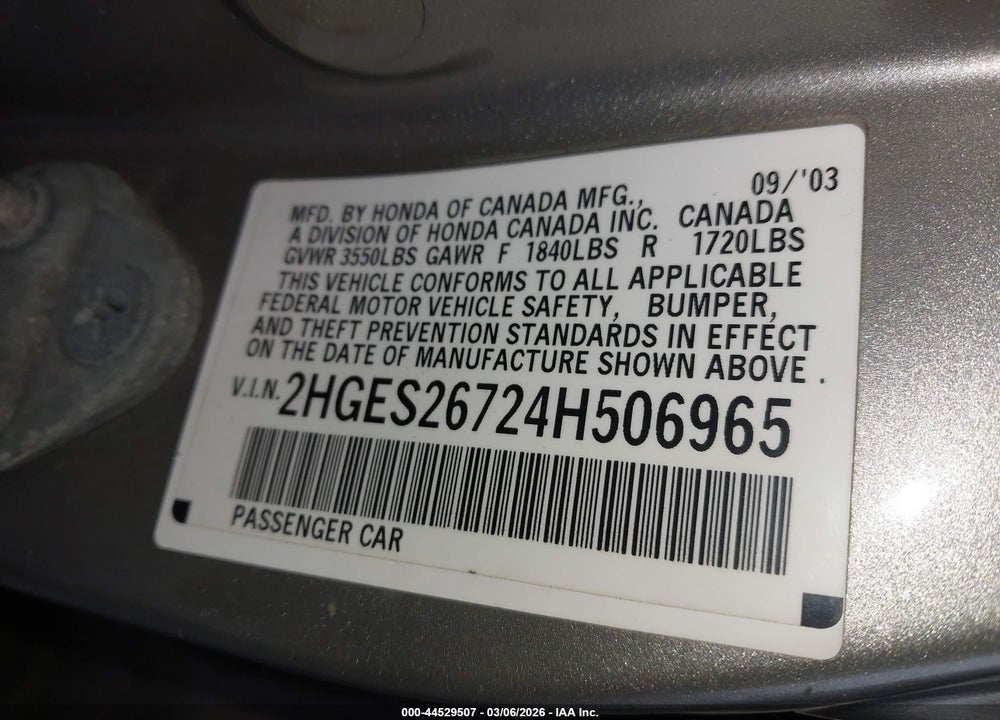 2004 HONDA CIVIC EX VIN: 2HGES26724H506965