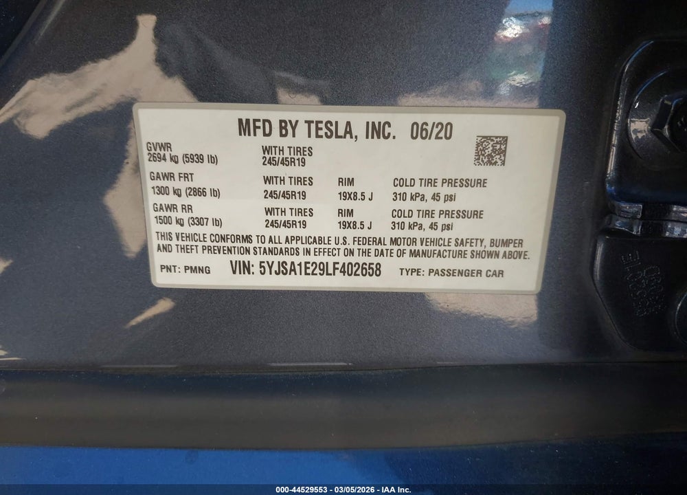 2020 TESLA MODEL S LONG RANGE DUAL MOTOR ALL-WHEEL DRIVE/LONG RANGE PLUS DUAL MOTOR ALL-WHEEL DRIVE VIN: 5YJSA1E29LF402658