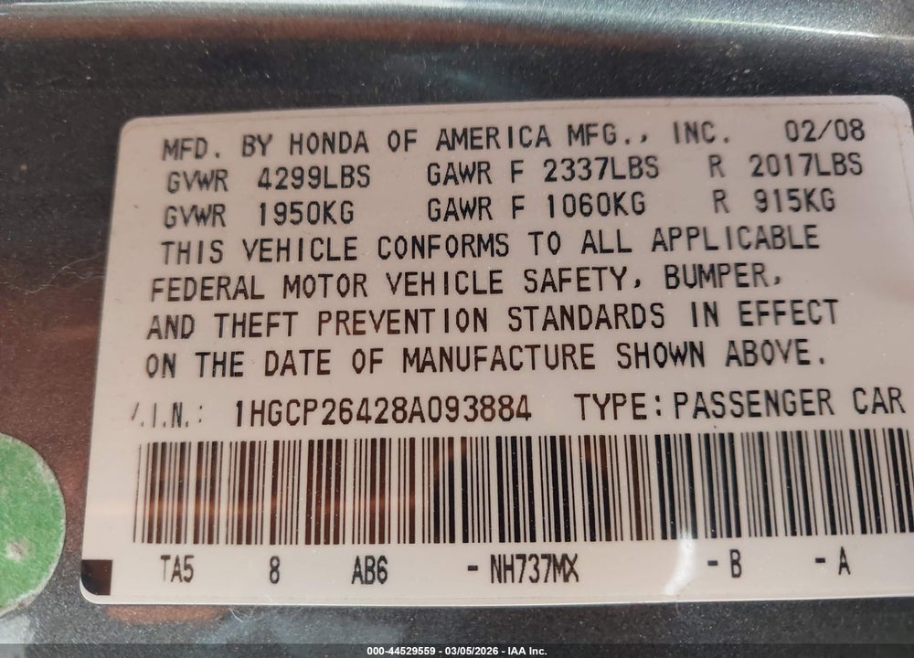 2008 HONDA ACCORD 2.4 LX-P VIN: 1HGCP26428A093884