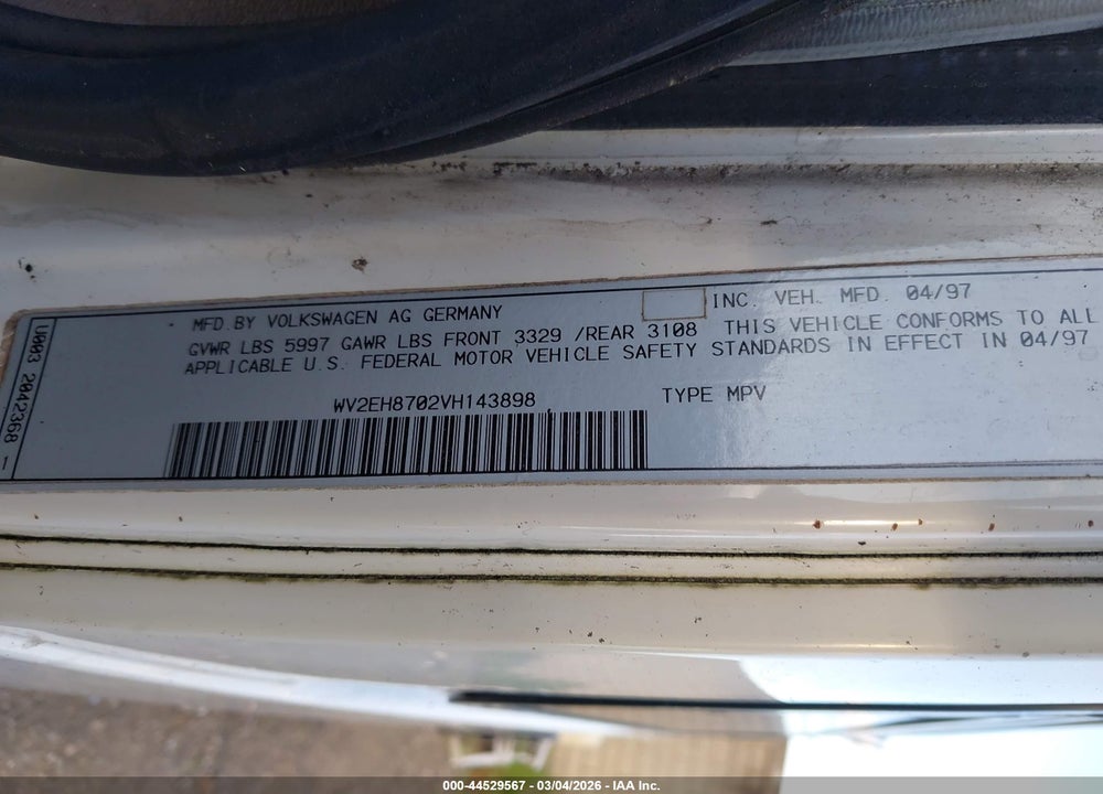 1997 VOLKSWAGEN EUROVAN VIN: WV2EH8702VH143898