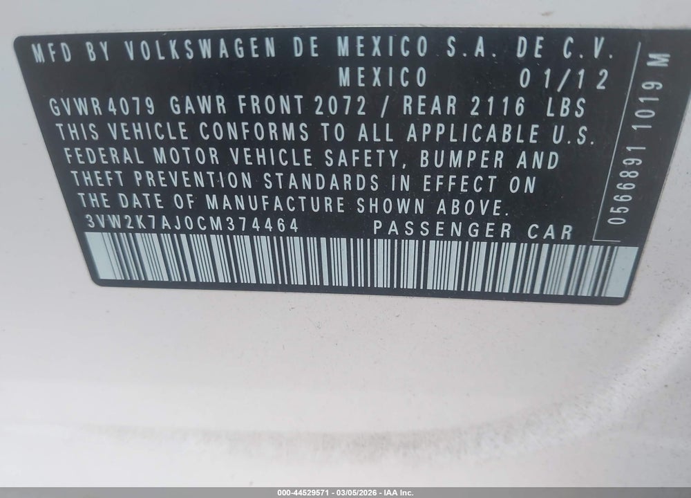 2012 VOLKSWAGEN JETTA 2.0L S VIN: 3VW2K7AJ0CM374464
