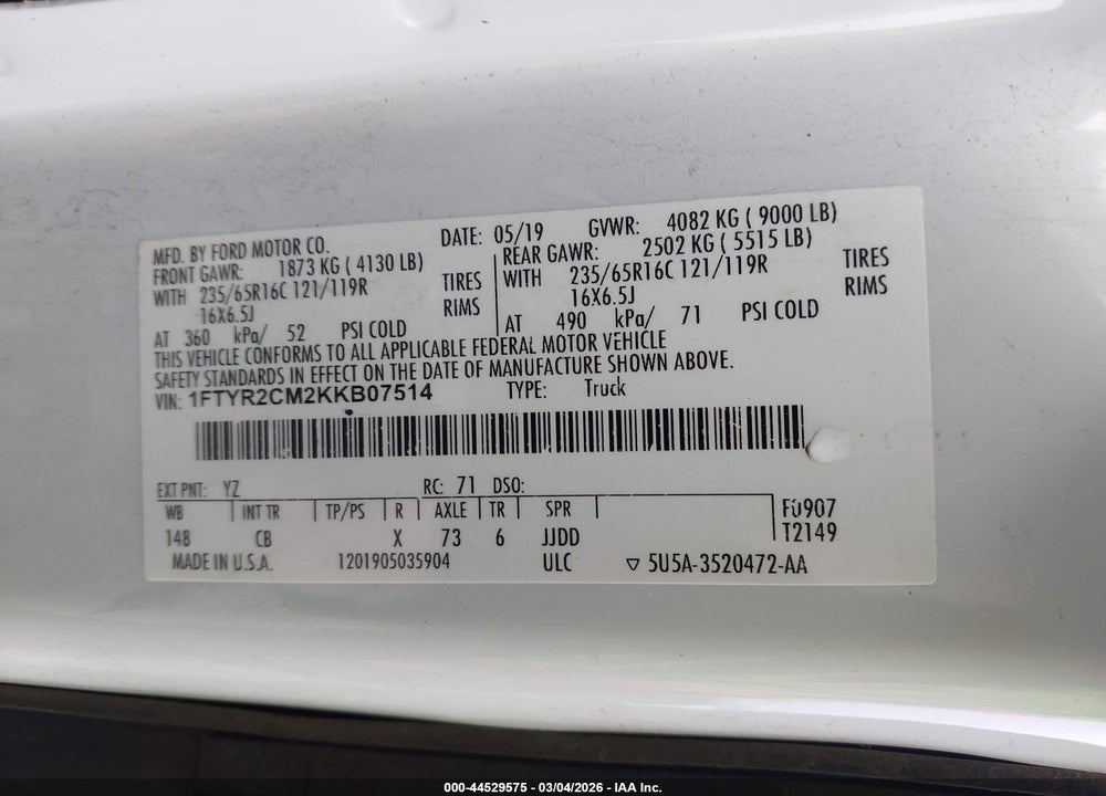 2019 FORD TRANSIT-250 VIN: 1FTYR2CM2KKB07514