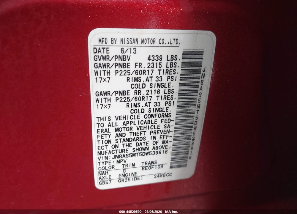 2013 NISSAN ROGUE SV VIN: JN8AS5MT5DW539916