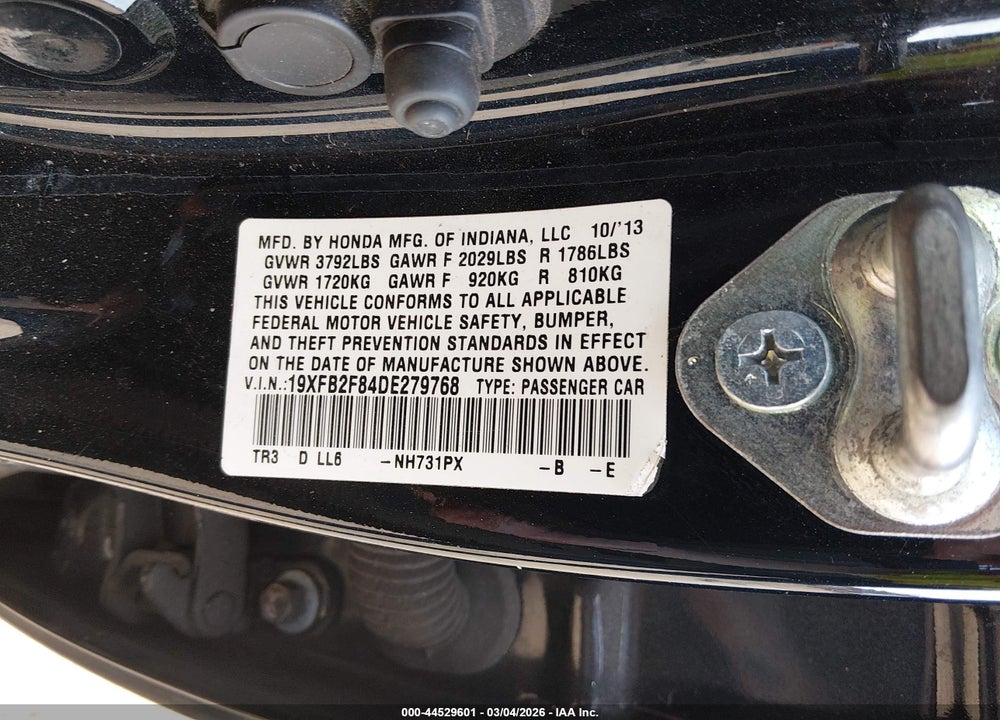 2013 HONDA CIVIC EX VIN: 19XFB2F84DE279768