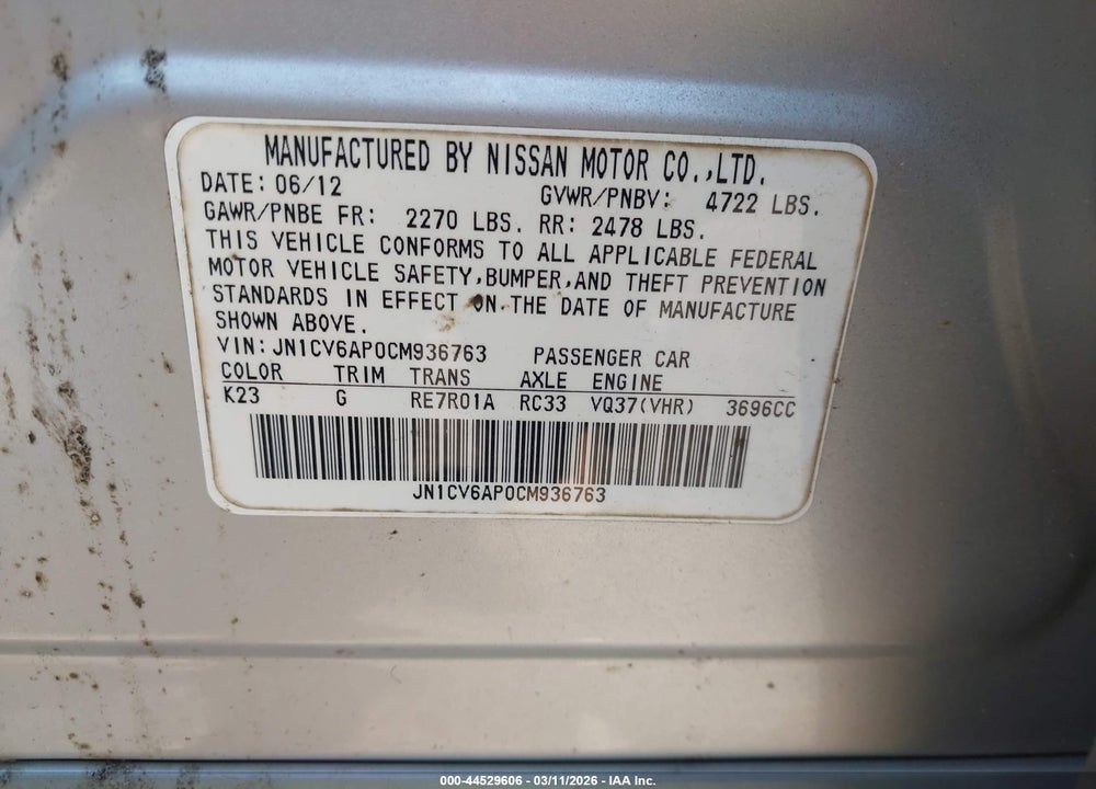 2012 INFINITI G37 JOURNEY VIN: JN1CV6AP0CM936763