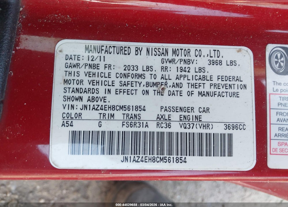 2012 NISSAN 370Z NISMO VIN: JN1AZ4EH8CM561854