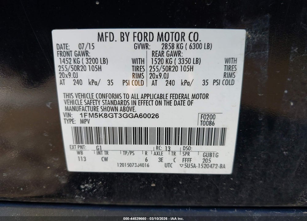 2016 FORD EXPLORER SPORT VIN: 1FM5K8GT3GGA60026