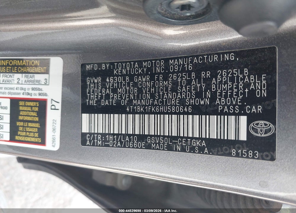 2017 TOYOTA CAMRY XLE V6 VIN: 4T1BK1FK6HU580646