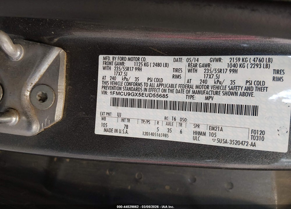 2014 FORD ESCAPE SE VIN: 1FMCU9GX5EUD55685