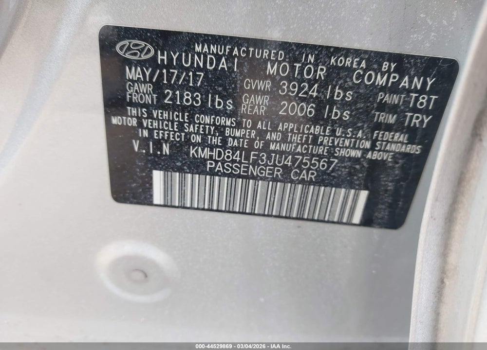 2018 HYUNDAI ELANTRA SEL VIN: KMHD84LF3JU475567