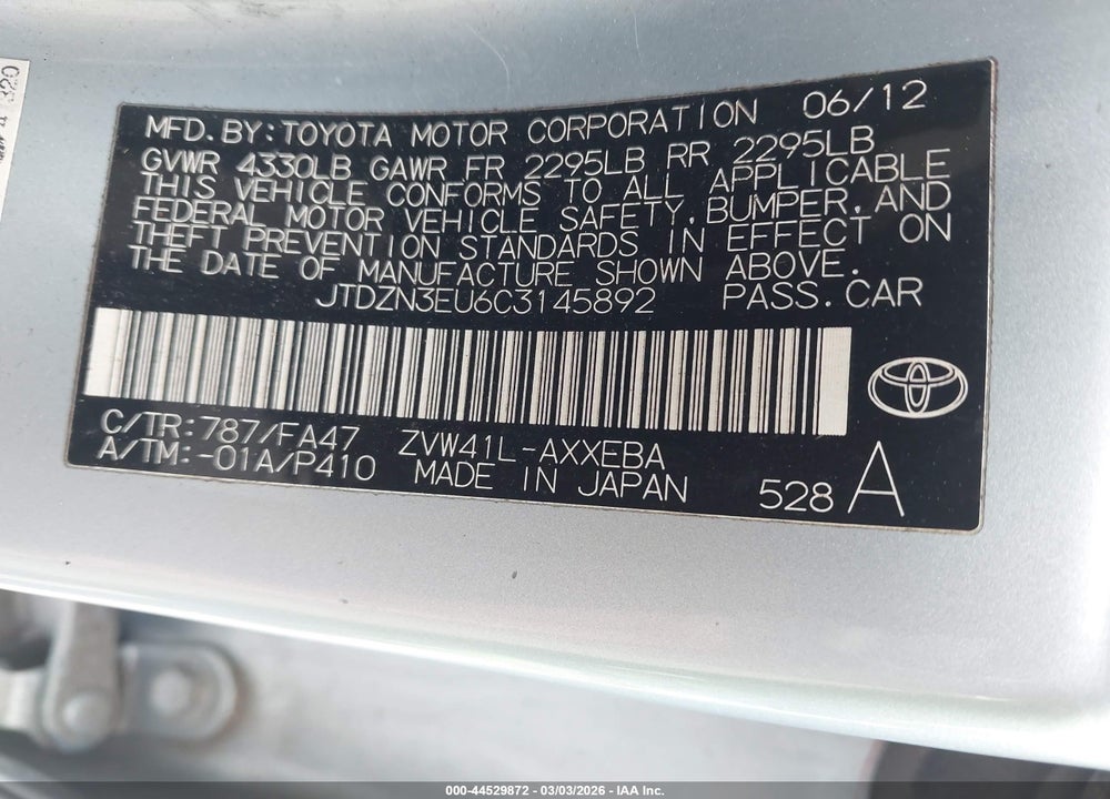 2012 TOYOTA PRIUS V TWO VIN: JTDZN3EU6C3145892