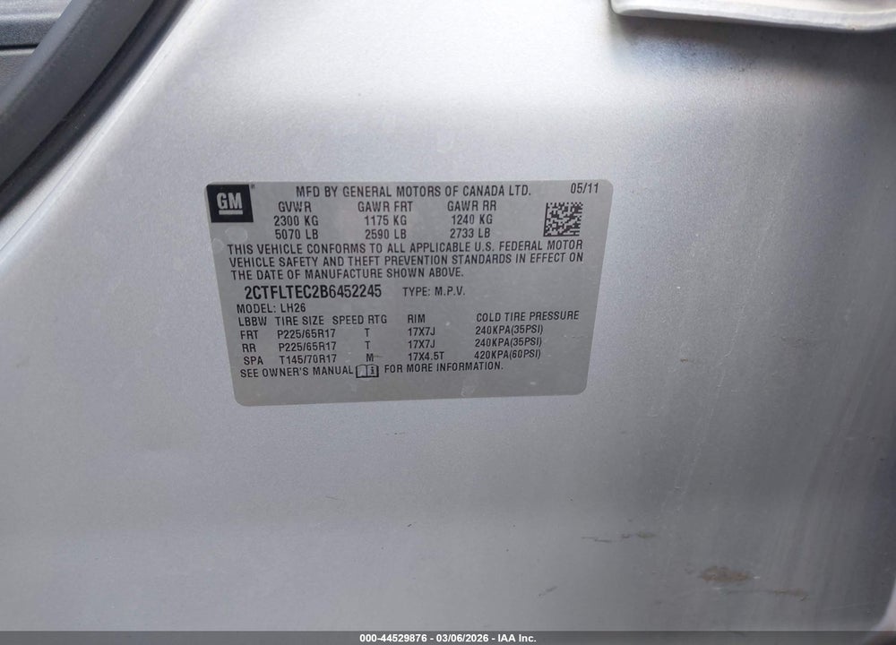 2011 GMC TERRAIN SLE-2 VIN: 2CTFLTEC2B6452245