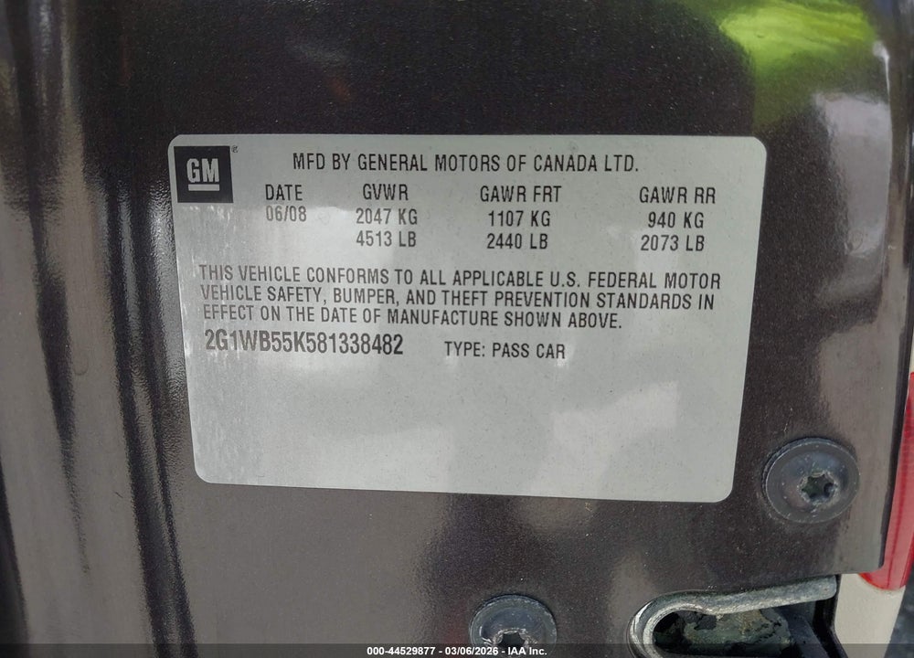 2008 CHEVROLET IMPALA LS VIN: 2G1WB55K581338482