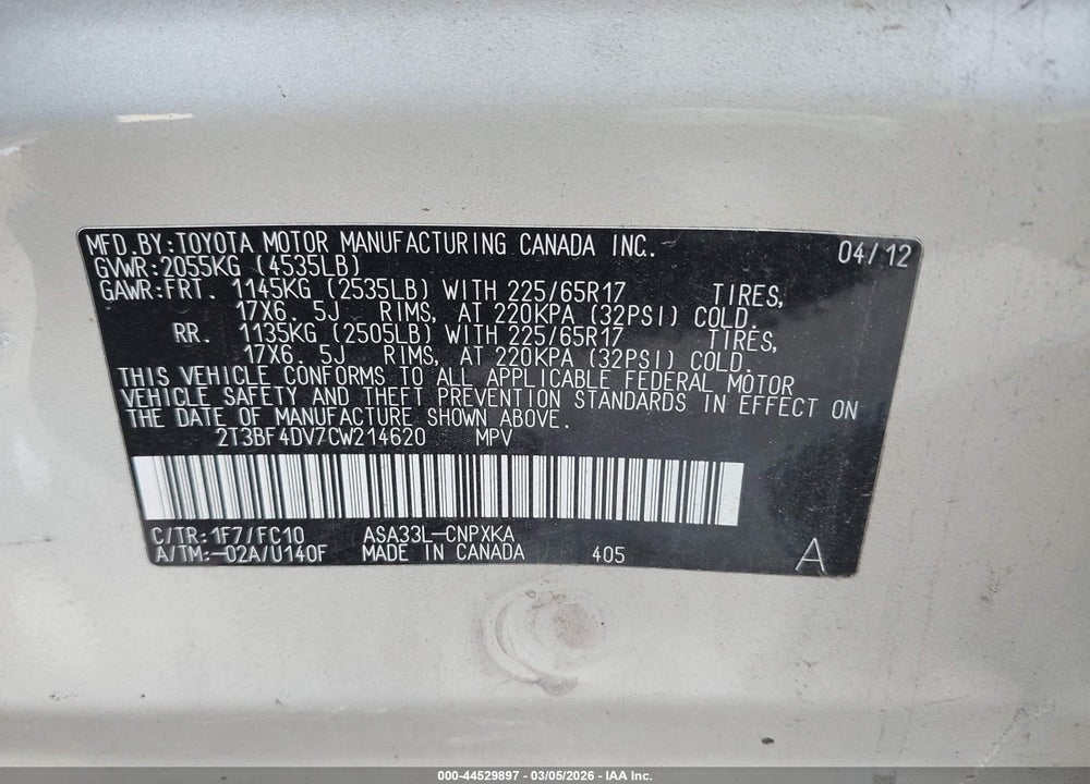 2012 TOYOTA RAV4 VIN: 2T3BF4DV7CW214620