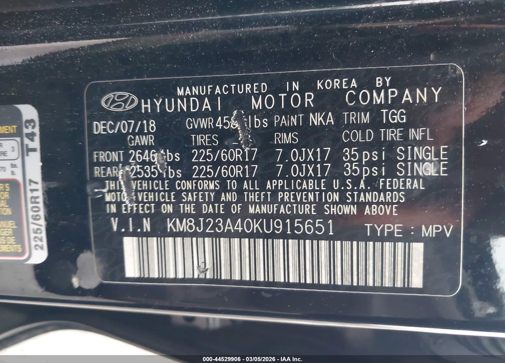 2019 HYUNDAI TUCSON SE VIN: KM8J23A40KU915651
