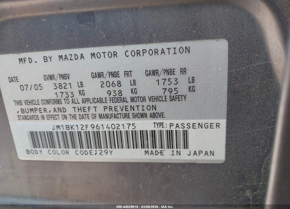 2006 MAZDA 3 I VIN: JM1BK12F961402175