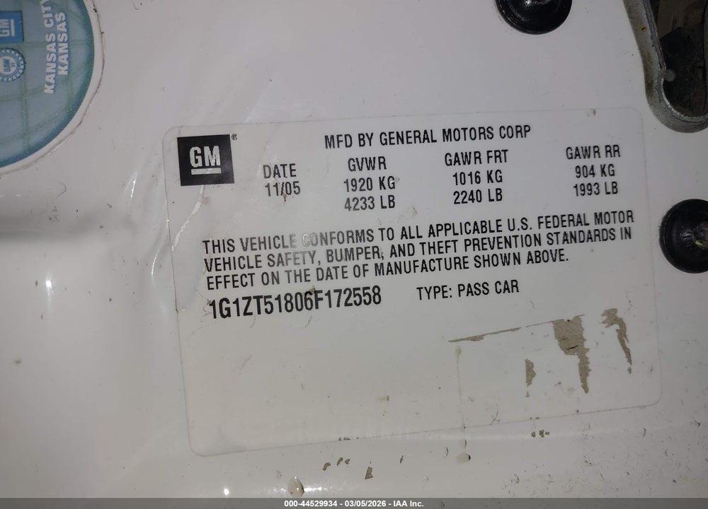 2005 CHEVROLET MALIBU LS VIN: 1G1ZT54885F184404