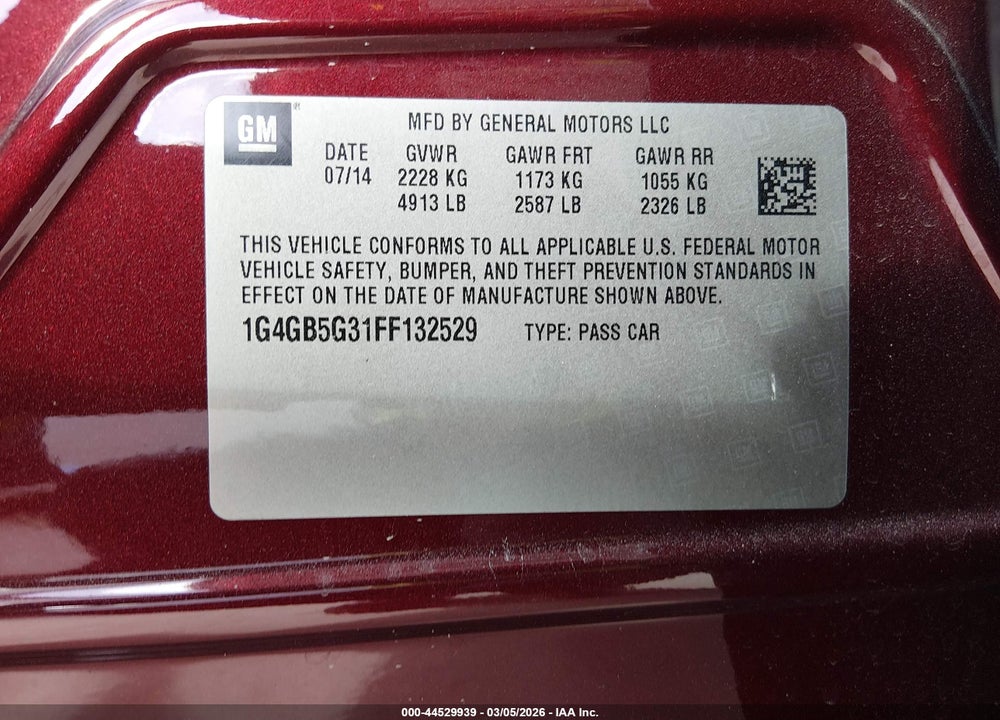 2015 BUICK LACROSSE LEATHER VIN: 1G4GB5G31FF132529