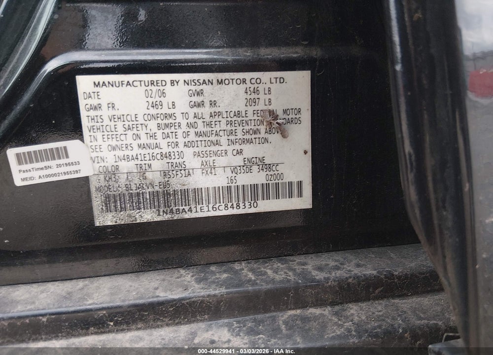 2006 NISSAN MAXIMA 3.5 SE VIN: 1N4BA41E16C848330