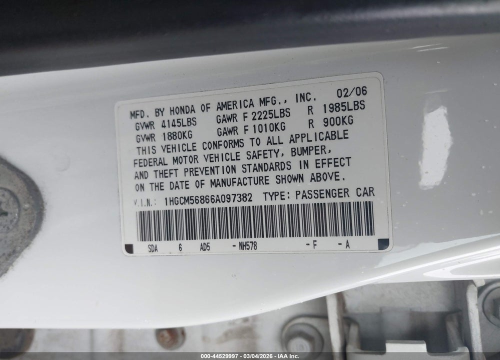 2006 HONDA ACCORD 2.4 EX VIN: 1HGCM56866A097382