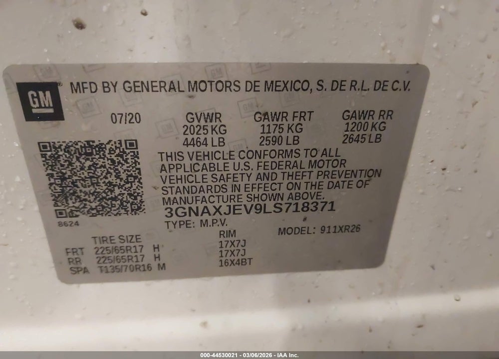 2020 CHEVROLET EQUINOX FWD 2FL VIN: 3GNAXJEV9LS718371