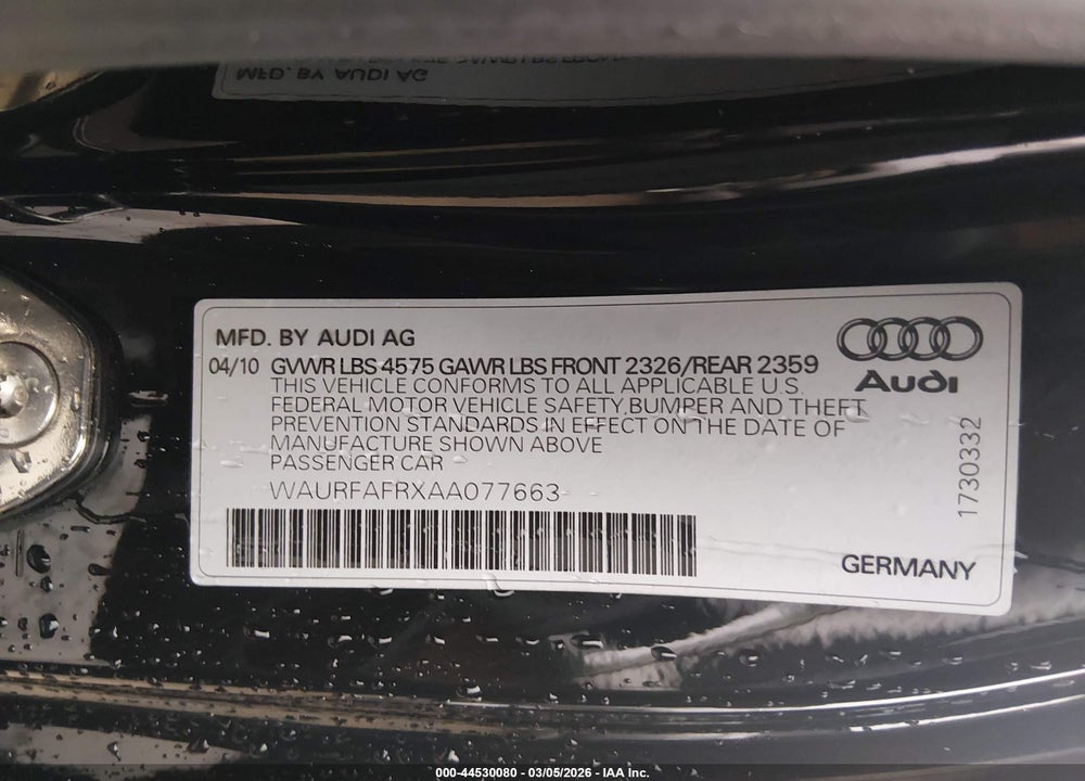2010 AUDI A5 2.0T PREMIUM VIN: WAURFAFRXAA077663