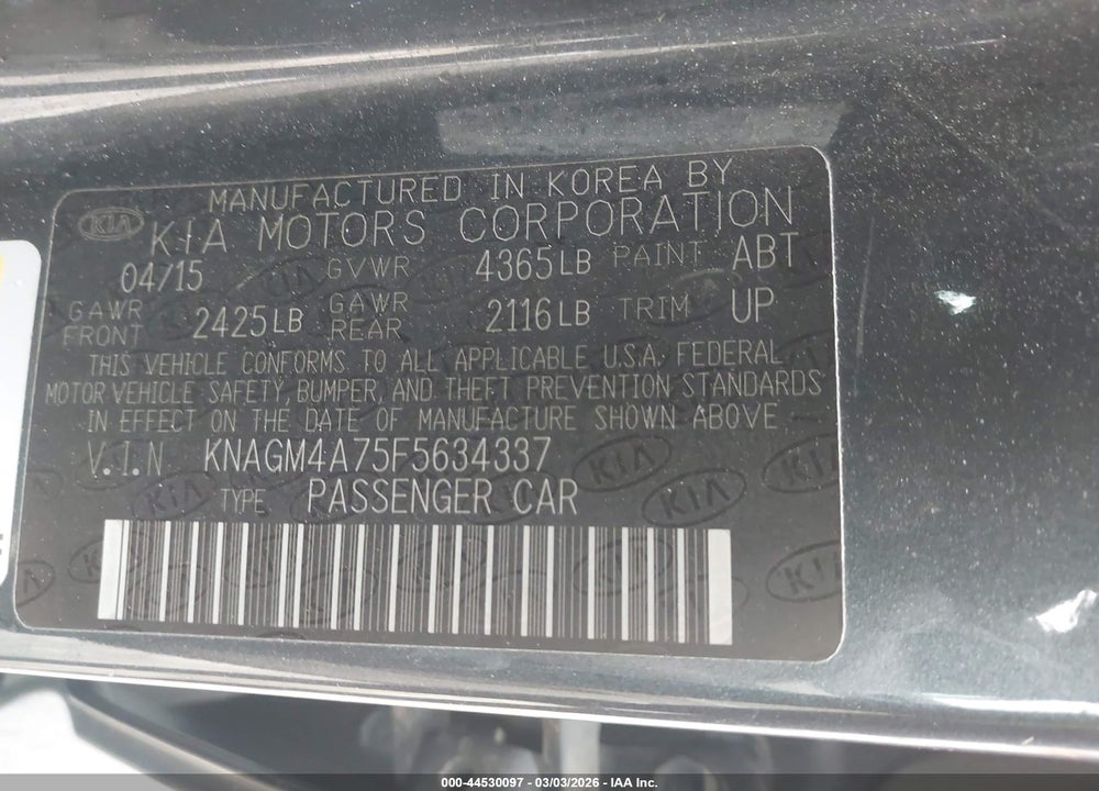 2015 KIA OPTIMA LX VIN: KNAGM4A75F5634337