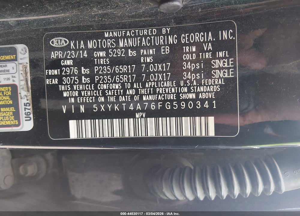 2015 KIA SORENTO LX V6 VIN: 5XYKT4A76FG590341