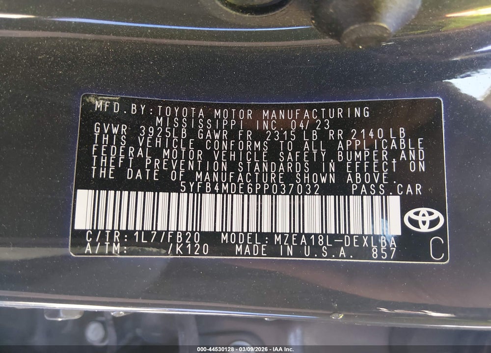2023 TOYOTA COROLLA LE VIN: 5YFB4MDE6PP037032