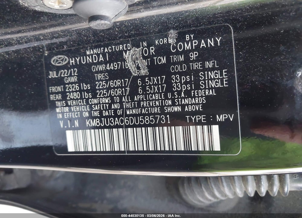 2013 HYUNDAI TUCSON GLS VIN: KM8JU3AC6DU585731