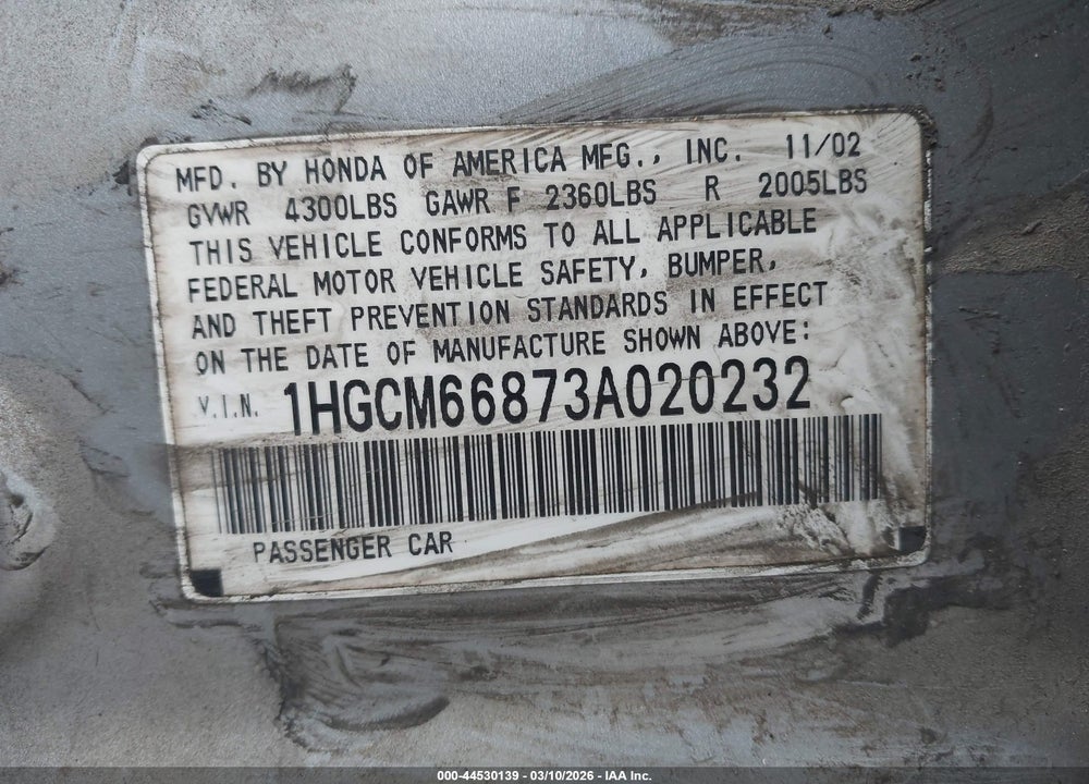 2003 HONDA ACCORD 3.0 EX VIN: 1HGCM66873A020232