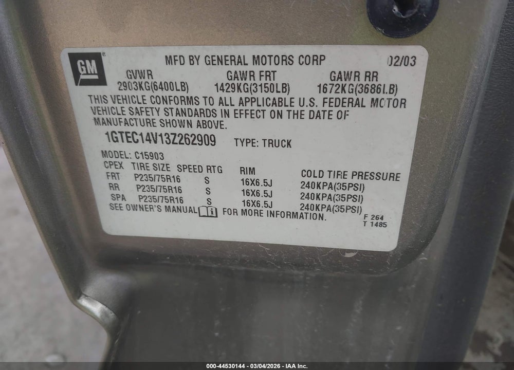 2003 GMC SIERRA 1500 WORK TRUCK VIN: 1GTEC14V13Z262909