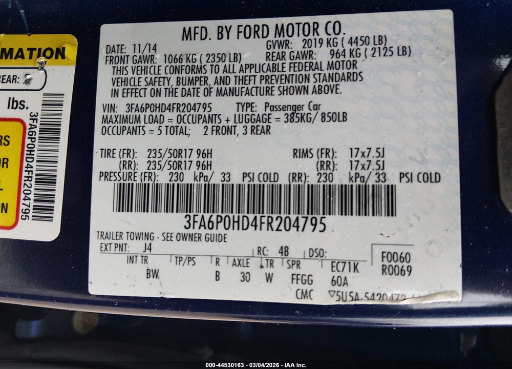 2015 FORD FUSION SE VIN: 3FA6P0HD4FR204795