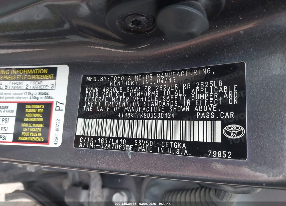 2013 TOYOTA CAMRY XLE V6 VIN: 4T1BK1FK9DU530124