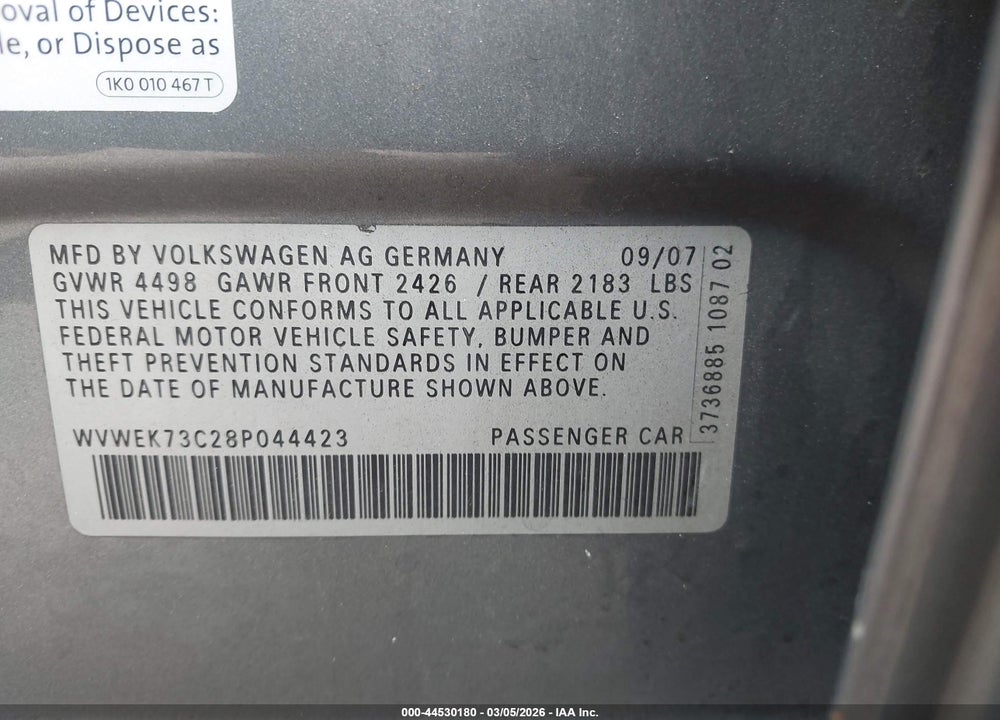 2008 VOLKSWAGEN PASSAT LUX VIN: WVWEK73C28P044423