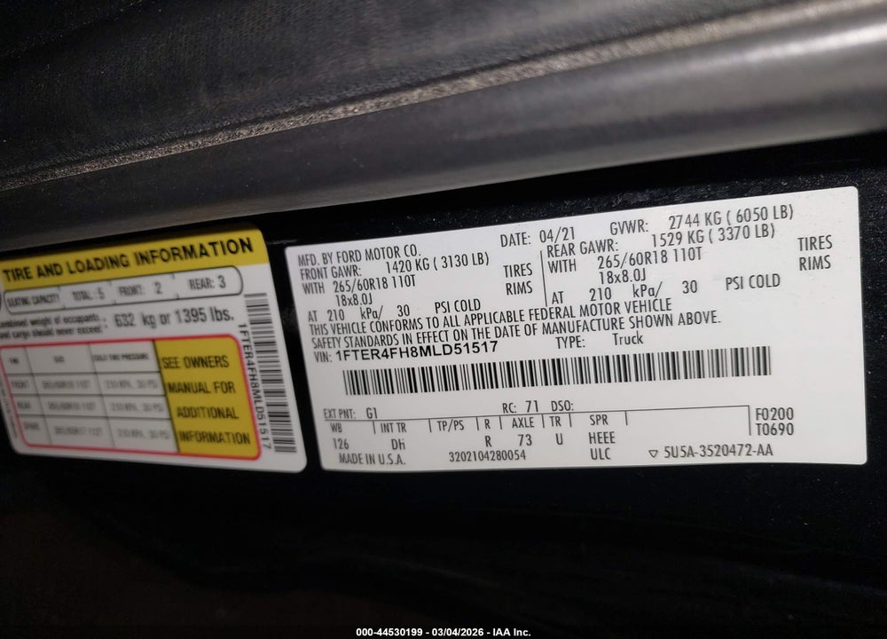 2021 FORD RANGER LARIAT VIN: 1FTER4FH8MLD51517