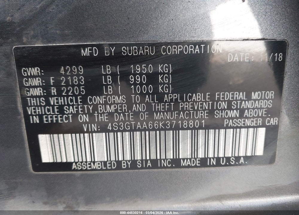 2019 SUBARU IMPREZA 2.0I VIN: 4S3GTAA66K3718801