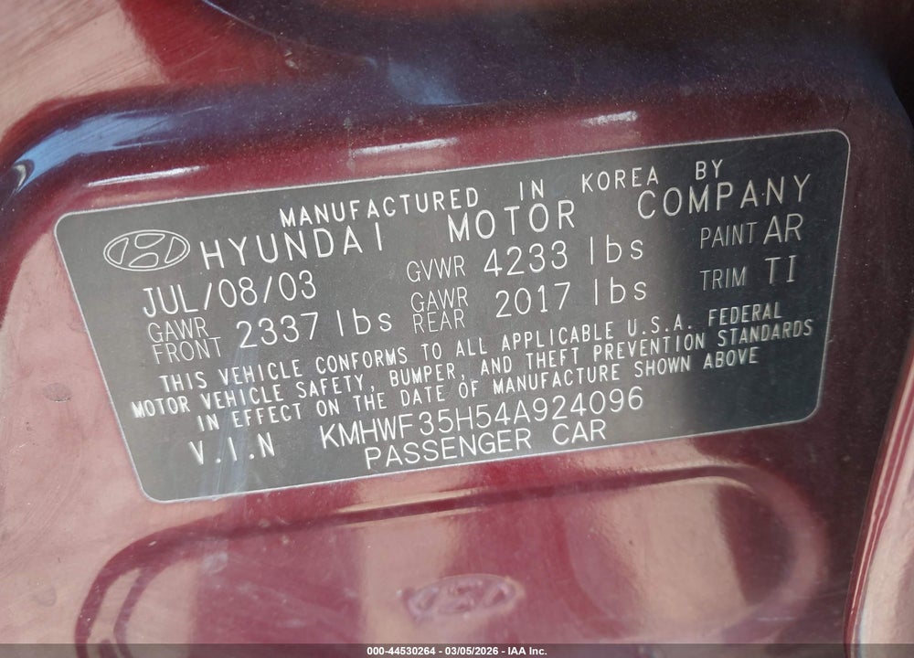 2004 HYUNDAI SONATA GLS/LX VIN: KMHWF35H54A924096