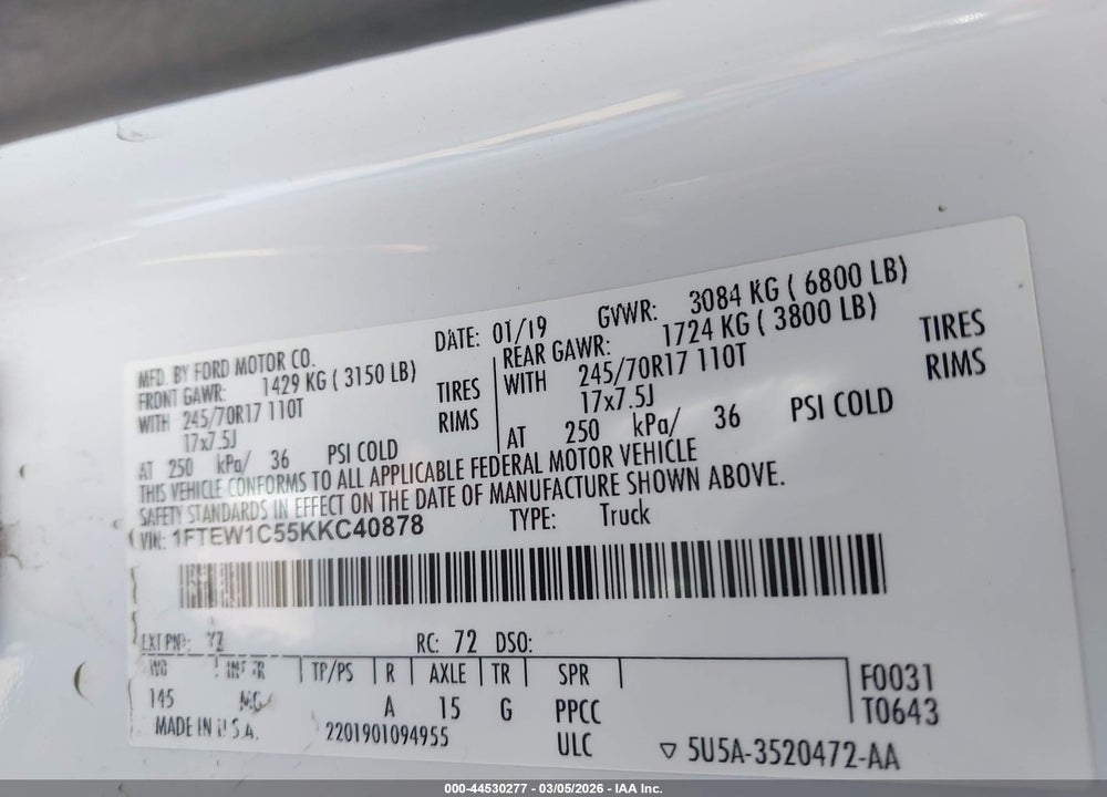 2019 FORD F-150 XLT VIN: 1FTEW1C55KKC40878