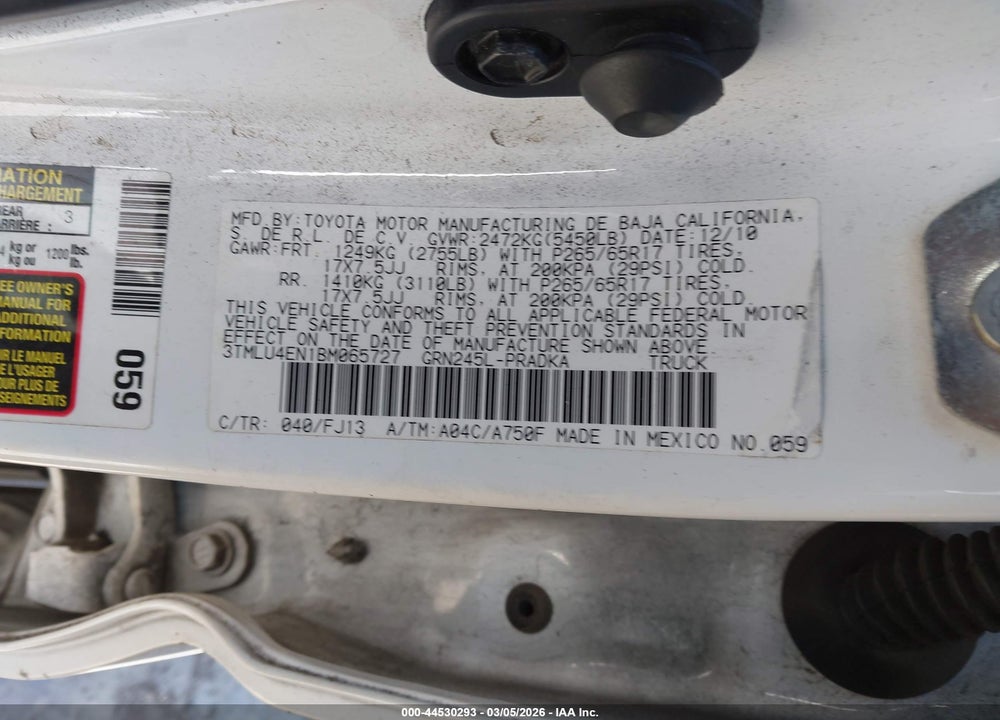 2011 TOYOTA TACOMA BASE V6 VIN: 3TMLU4EN1BM065727